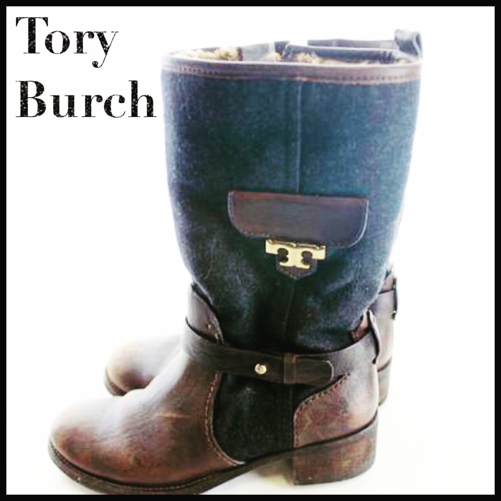 🌟HP🌟Tory Burch Brown Leather/Blk Wool Boots 5.5